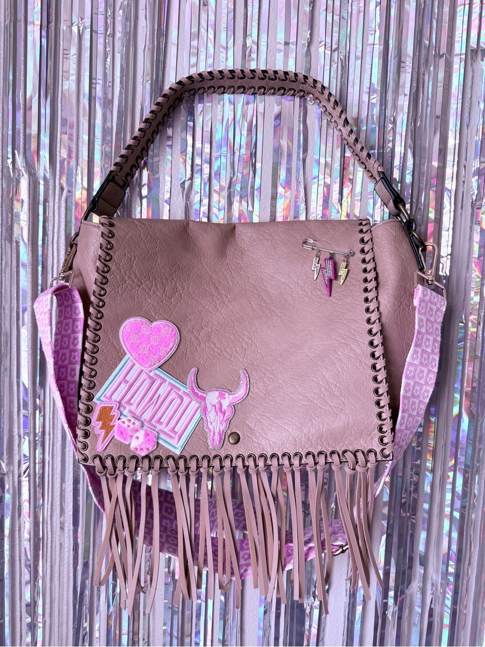 Women’s Fringe Shoulder Bag with Decorative Patches